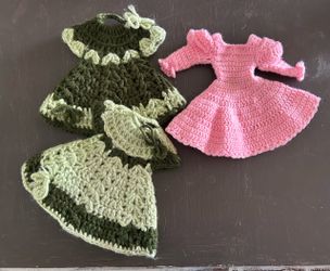 3 Barbie/Doll dresses vintage. 1 pink, 2 green