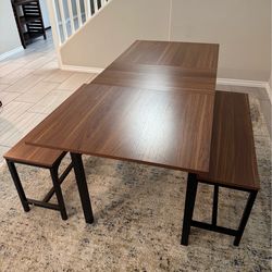 Modern Walnut Dining Table with 2 Benches - Like New! Seats 4-6. Table measures 63 * 27.5 inches