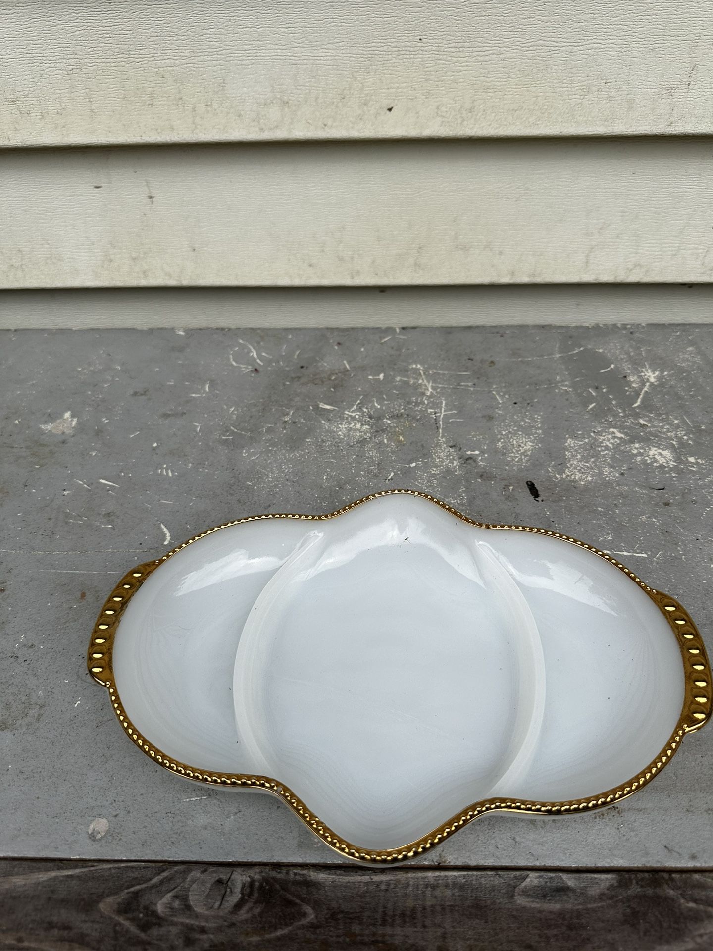 Vintage Fire King Oven Ware 11" 3 Compartment White Milk Glass Dish Gold Edge