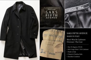 Saks Fifth Avenue (New) Made in Italy Men’s Wool Cashmere Overcoat Black Size 52 / US 42