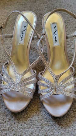 Nina Women's Evening Beige Satin Rhinestone Slingback Heels Shoes size 6M