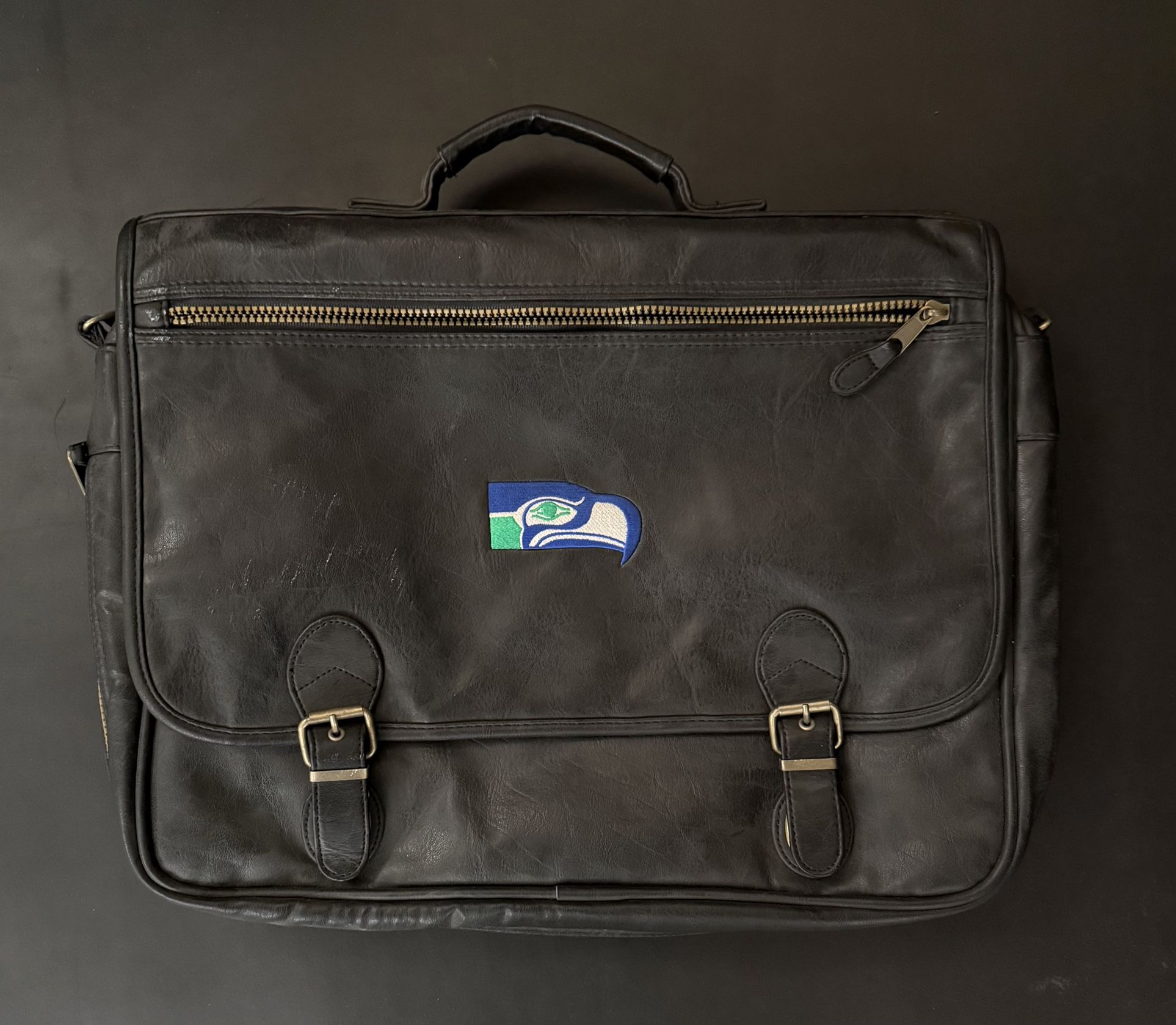Vintage Seattle Seahawks Classic Black Leather Laptop Bag / Briefcase