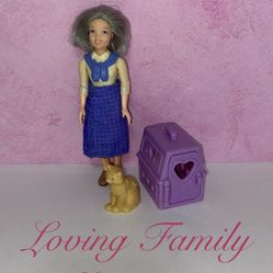 Vintage Fisher Price Loving Family Dollhouse Grandma with Kitty Doll Cat Pet Carrier (Complete Set)