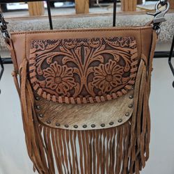 Small Fringed Cowhide Tooled Purse