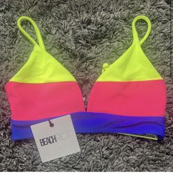 Beach Riot Electric Pink Color Block Bralette Eva Ribbed Top - XS - New