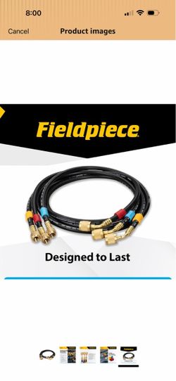 Fieldpiece set of three black refrigerant hoses with brass fittings and color-coded handles in red, blue, and yellow.