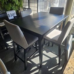 Brand New Espresso Counter High Dining Table (48"×30"×36"H) + 4 Gray Linen Chairs