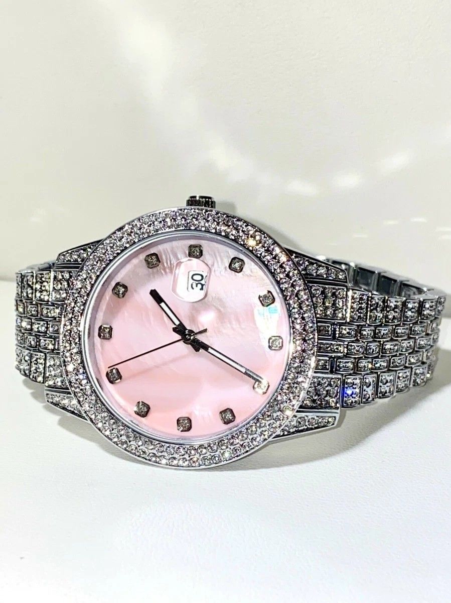 Round Pink Dial Silver CZ Watch