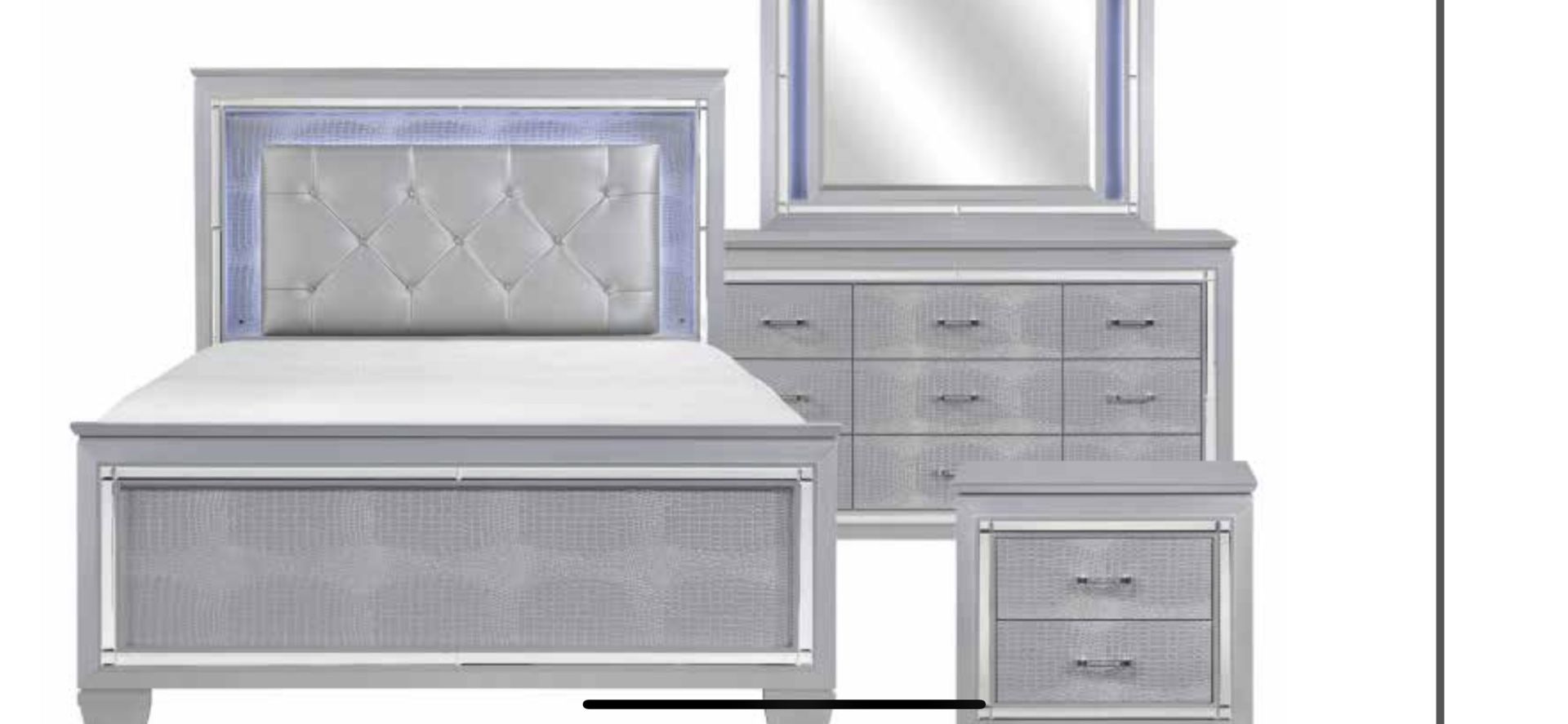 White bedroom suit includes headboard, footboard rails, dresser mirror and nightstand $2000 queen size king size add 200