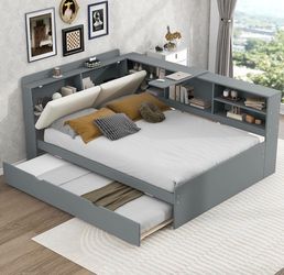 Full Platform Bed with Trundle, Storage Headboard and Shelves