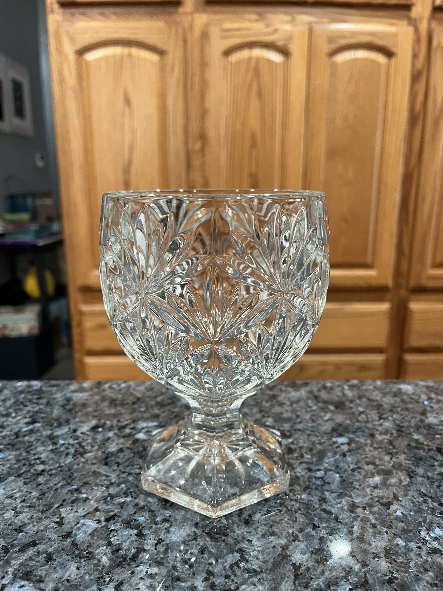 Vintage Clear Footed Glass Goblet. Size approximately 6 inches tall. Brand new never used. Has been on display in a cabinet. Smoke free home