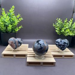 202g 55mm Snowflake Obsidian Sphere, 76g 1.8”x2.1” Heart, 57g 1.7x 2” Heart