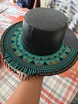 Black Faux Leather Wide Brim Beaded Hat