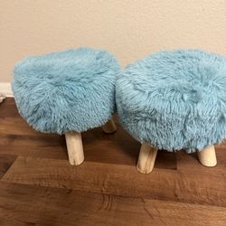 Pair Of Blue Furry Stools 