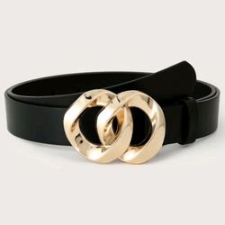 Women’s Black Faux Leather Double Hammered Gold Ring Buckle Waist Belt 