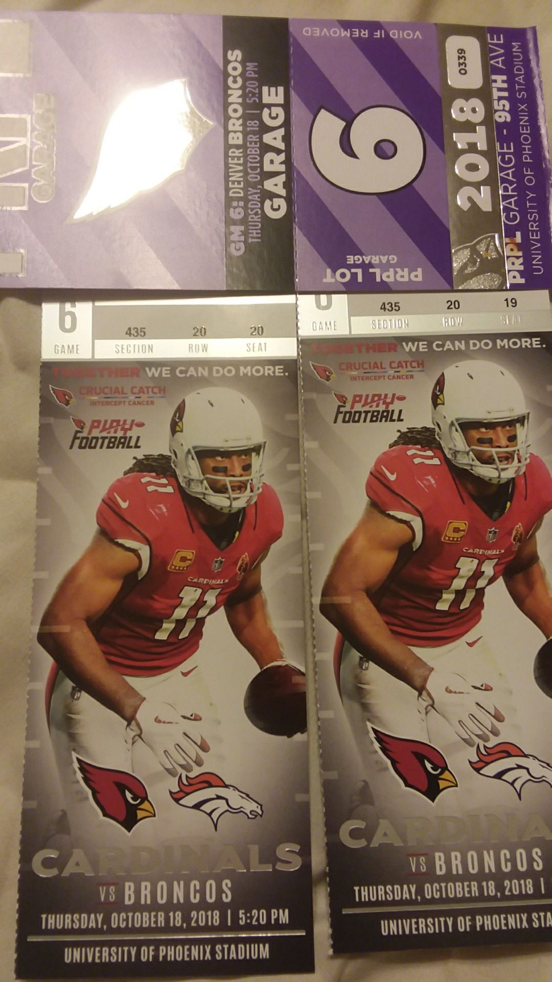 Cardinals vs Broncos $130 for 2 tickets and parking pass