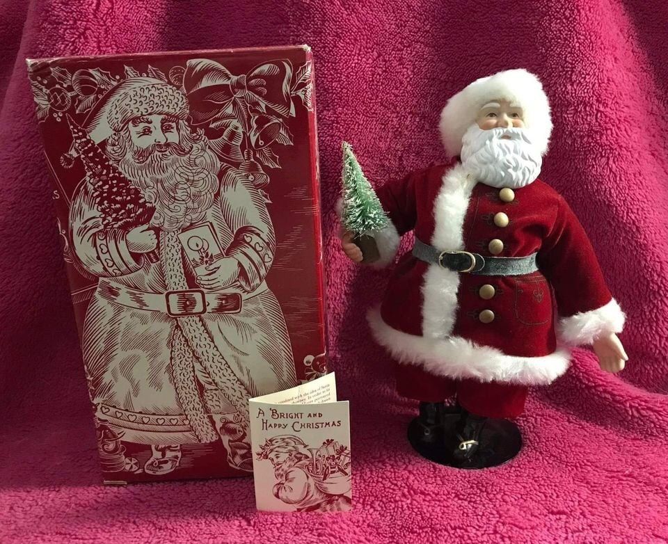 1989 AVON 8 1/2” Christmas With Santa Porcelain Doll With Stand And Box NEW!