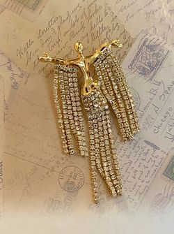Glamorous Diva Stage Performer Rhinestone Fringe Figural Brooch Pin