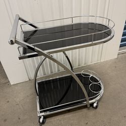 Chrome Metal Bar Wine Tea Serving Cart with Tempered Glass