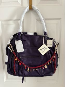 New Free People LARGE EMERSON MIDNIGHT ORCHID PURPLE Tote Bag Purse and Emberly Bag Charm Set