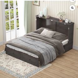 New in box  Queen Size Murphy Bed Cabinet with Built-in Charging Station and Storage Drawer, Solid Wood Cabinet Bed Queen Size with Mattress, Murphy C