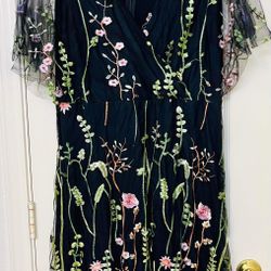 NEW BaronHong Floral Embroidered Tulle Half-Sleeve - V Neck Midi Dress - Women's Size XXL