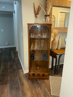 Vintage 4 tier display China cabinet tall solid oak w/ glass sides & shelves 1 small crack on top glass shelf can be easily replaced or just covered u