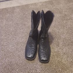 Mens BLACK COWBOY BOOTS SQUARE TOE OSTRICH PRINT LEATHER SIZE 11.5