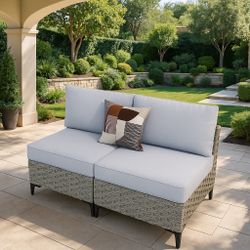 New Heavy Duty Ovios 2 Pieces Outdoor Patio Sectional Furniture Cushioned PE Rattan Wicker Chairs Conversation Set with Solar Lamps Coffee Table for B