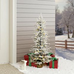 Pre-Lit Snow-Flocked Christmas Tree with Base,4Ft，AP2648