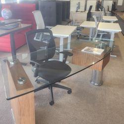 (CUSTOM) CURVED GLASS EXECUTIVE DESK WITH FLOATING FILE.