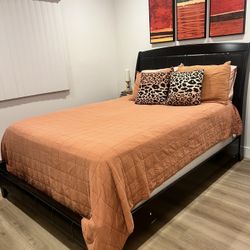 Queen Size Bed Set – Frame + Faux Leather Headboard + Mattress + Box Spring