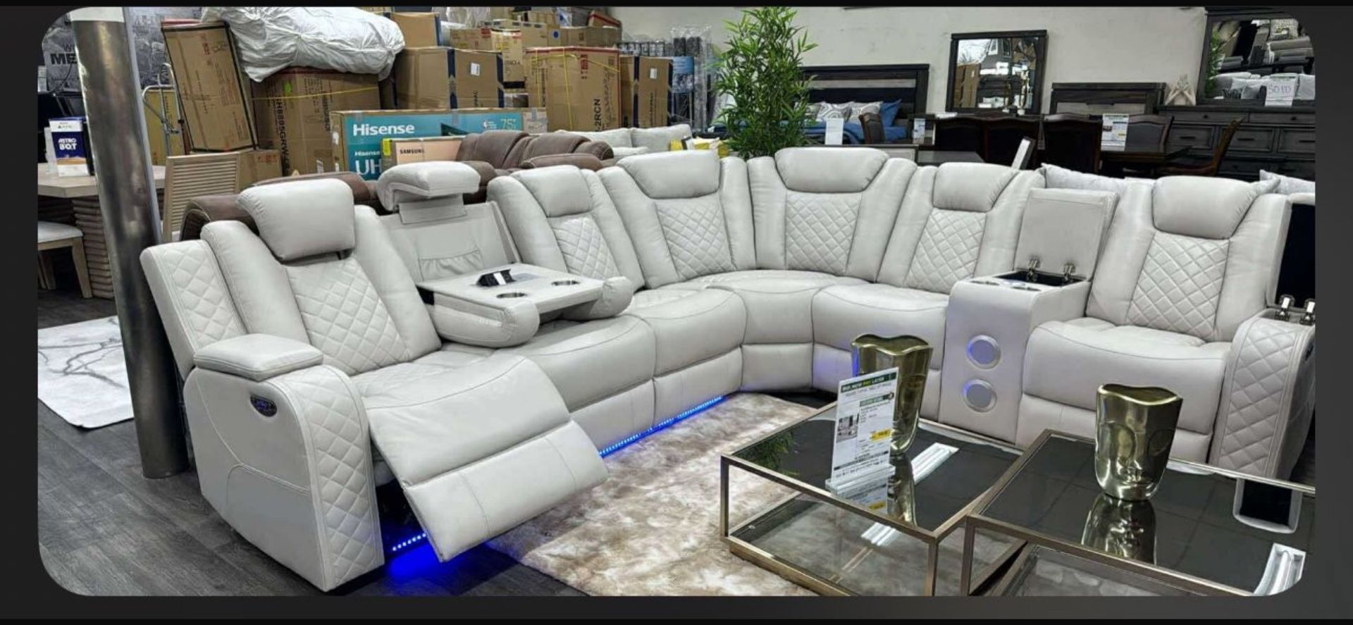 Leather Recliner Sectional With LED & Speakers