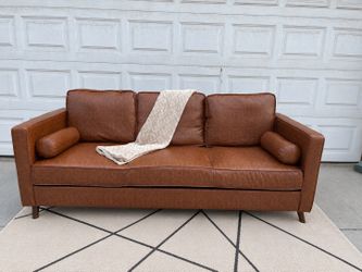 86" Leather Sofa for Living Room, Mid-Century Modern Couch with Deep Seats, Brown Faux, 3 Seat Sofa with Removable Cover for Apartment