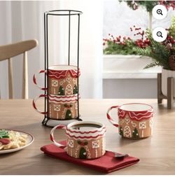 NEW Gingerbread House 4 cup Mug & stacking holder  set!  New in box. 