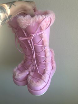 Demonia Pink Fur Boots Size 7