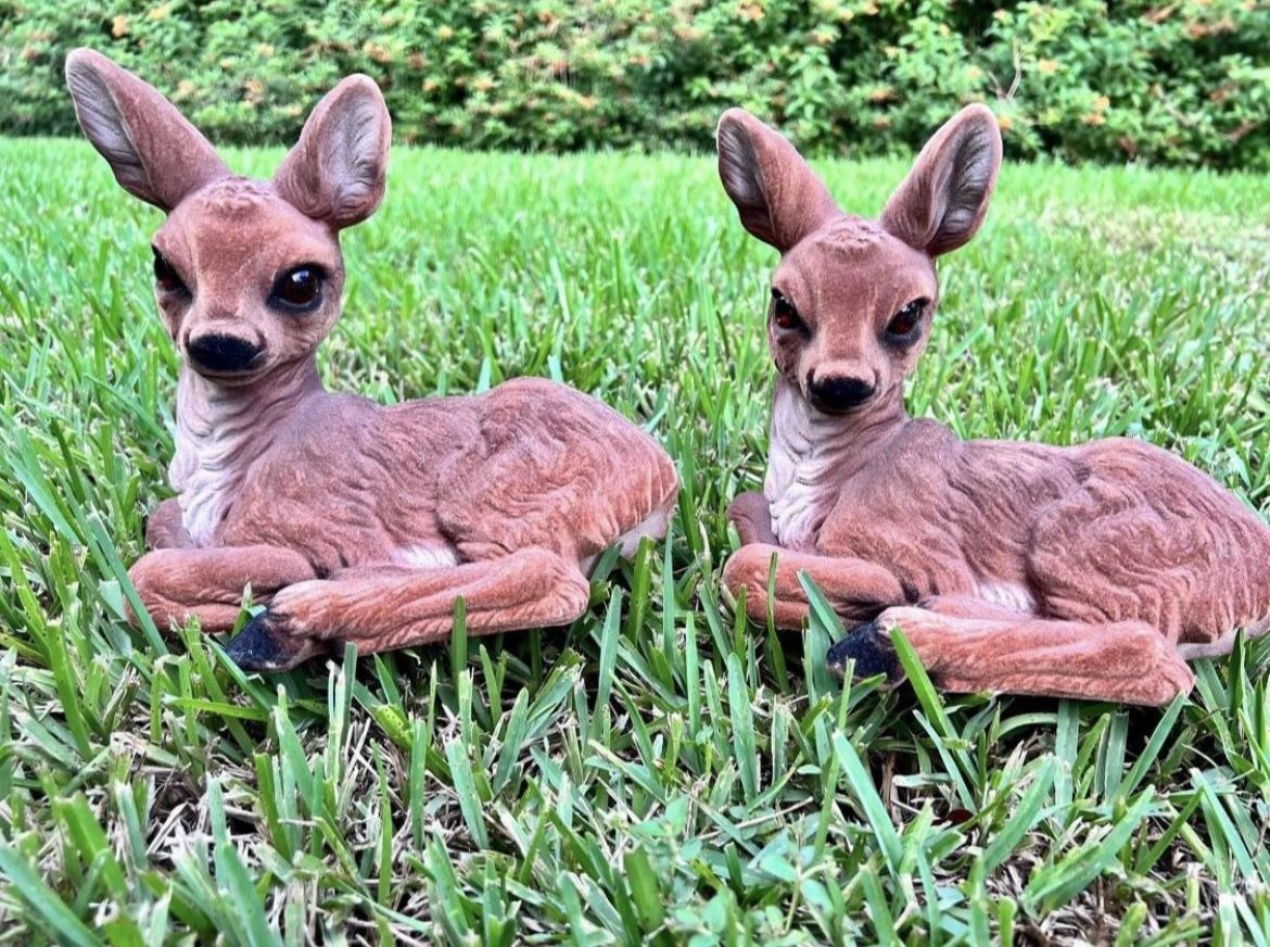 Vintage Christmas Large Decorative Indoor/Outdoor Hard Plastic Flocked Lying Down Fawn x 2 