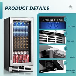 New EUHOMY 15 Inch Beverage Refrigerator Cooler Under Counter 127 Cans Beverage Fridge Built-in or Freestanding with Glass Door, LED Light, Beer Fridg