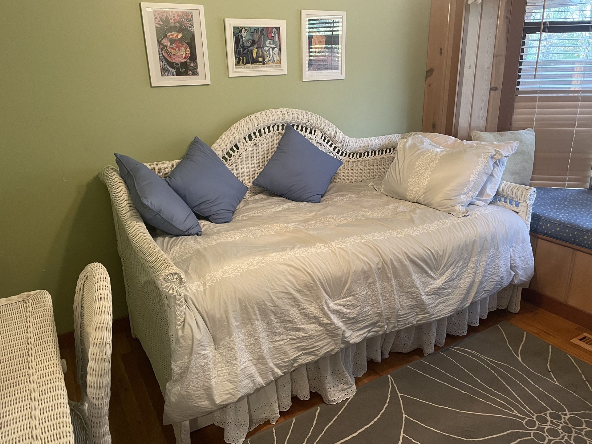 White Wicker Bed With Trundle, Dresser, Desk and Chair