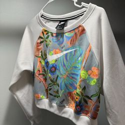 Nike Tropical Floral Cropped White Crewneck Athletic Gym Sweatshirt - Size Medium
