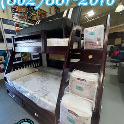 Storage Twin Full Cherry Bunk Bed With Staircase & Drawer With All 3 Mattresses 