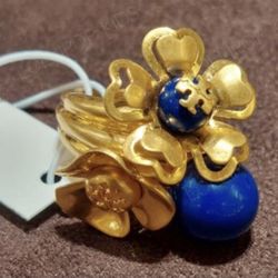 Tory Burch T logo blue flower band statement ring gold size 7