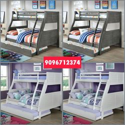 Twin Full Twin Size White Bunkbed With Trundle & Mattress Included 
