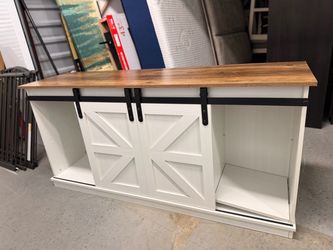 White Farmhouse TV Stand with Sliding Barn Doors