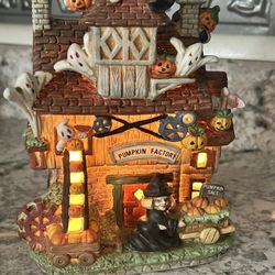 Vintage Haunted Pumpkin Factory Lighted Halloween Village Haunted House Witch Ghost