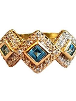 14k Gold Diamond Halo Princess Cut Blue Topaz 3 Stone Ring