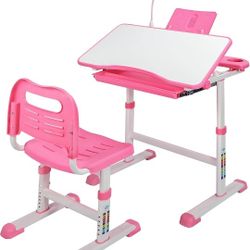 Kids Desk and Chair Set,Height Adjustable Child's Study Table with Tilt Desktop,LED Light