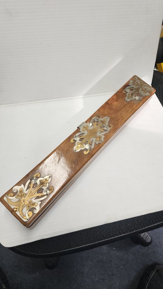 Gorgeous antique wooden padded instrument box with metal ornament