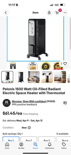 Pelonis 1500 Watt Oil-Filled Radiant Electric Space Heater with Thermostat