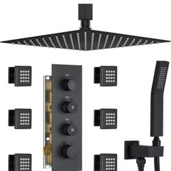 Brand New Matte Black Thermostatic Shower System With 6 Body Jets